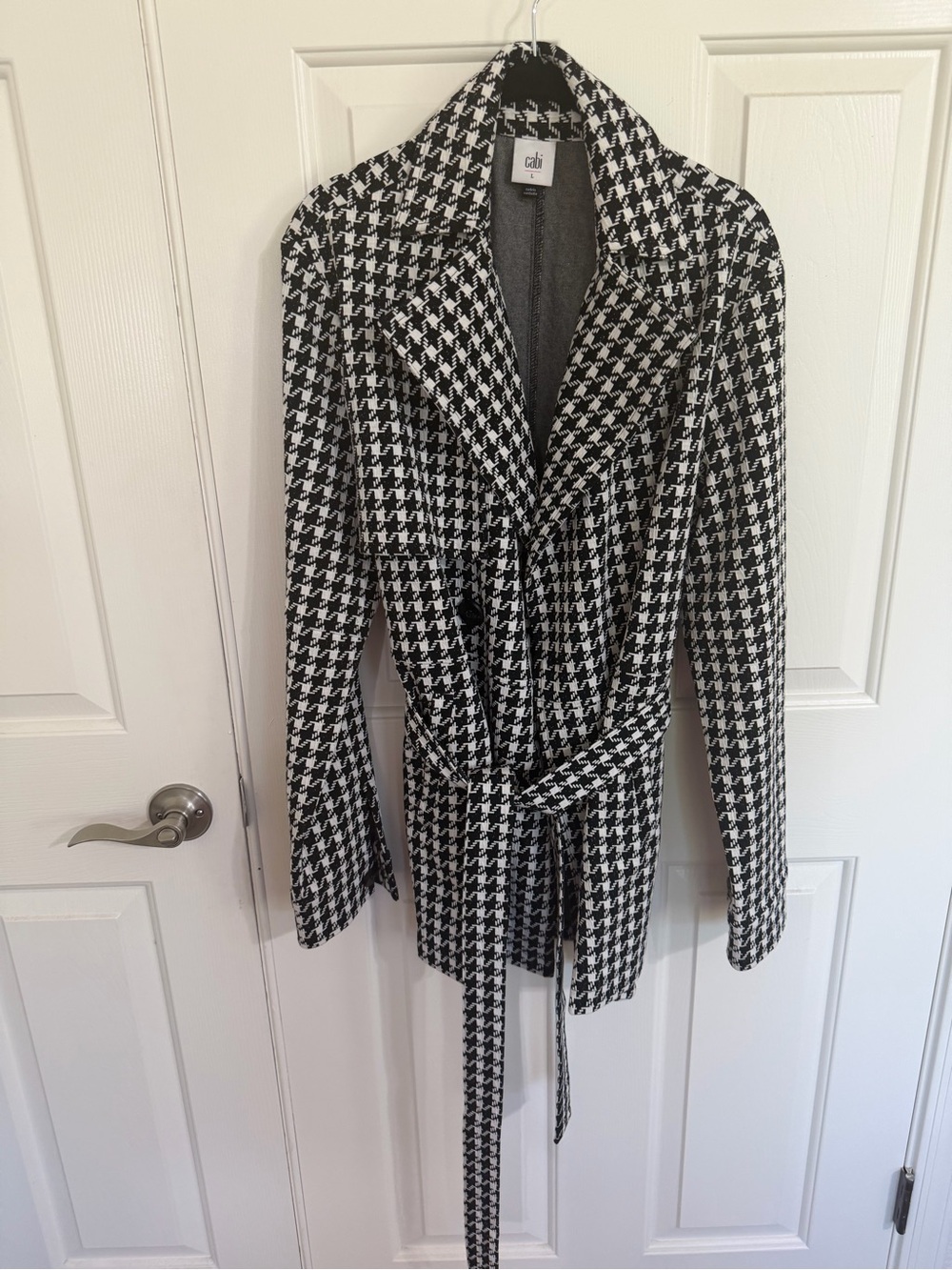 CAbi Passport Trench - Black and White Houndstooth Trench Coat with Belt